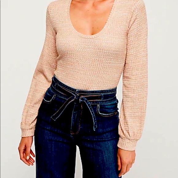 Express Tops - Beige long sleeve waffle knit blouse.